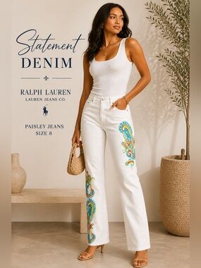 Ralph Lauren Lauren Jeans Co White Paisley Print Jeans Size 8 Vintage